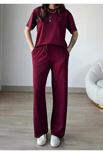 FEVİLLE Γυναικείο Σετ αθλητικής φόρμας με κοντό μανίκι από ύφασμα μπορντό Modal