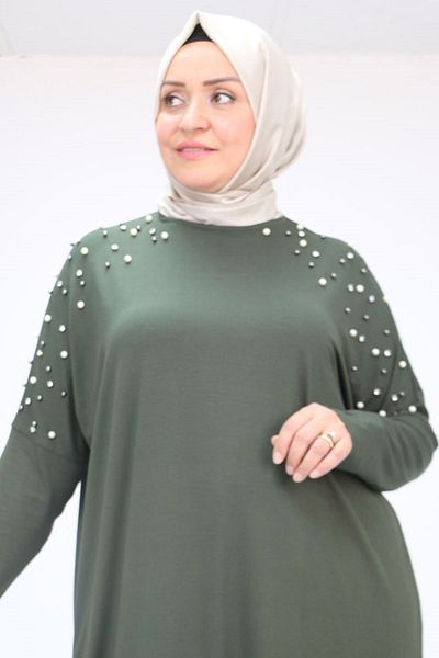 Eslina 58067 Plus Size Low Sleeve Pearl Snap Combed Cotton Tunic - Khaki