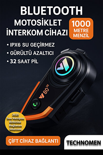 TECHNOMEN Bluetooth Motosiklet Interkom Cihazı 1000 Metre Menzil Su Geçirmez Gürültü Azaltıcı 32saat Intercom