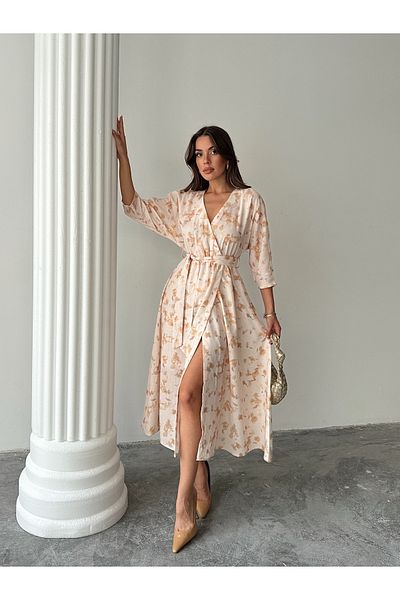 Ayinsu Double-breasted Collar Floral Patterned Belted Dress