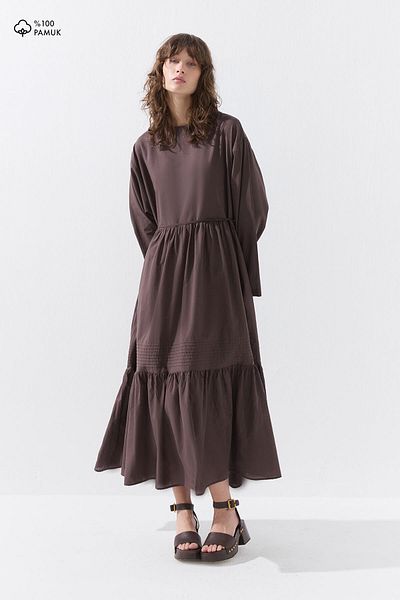Hooopstore Βαμβακερό φόρεμα καφέ με λεπτομέρεια ραφής Nervür