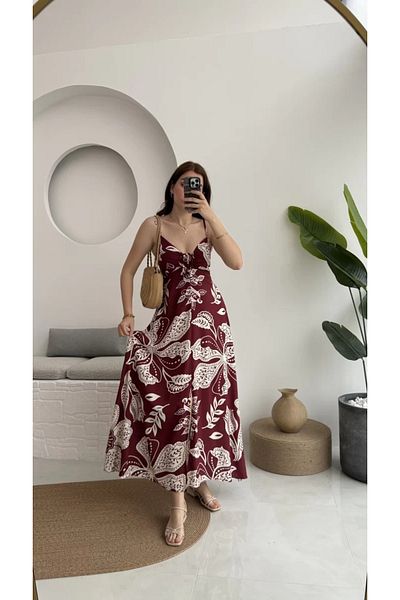Ayinsu Floral Patterned Suspender Dress with Front Slit