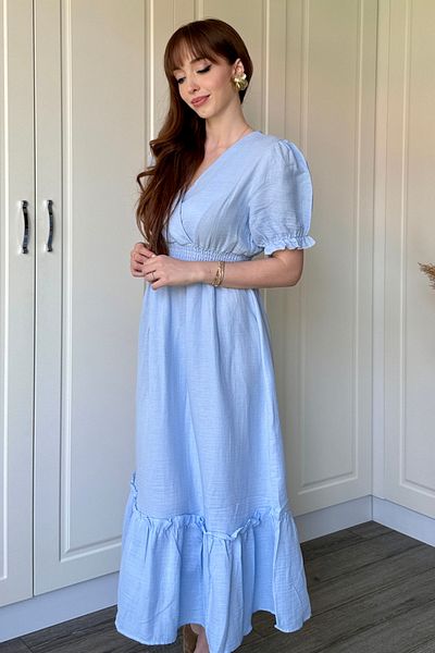 Dilay Gökoğlu Butik Rochie Midi Albastră cu mânecă scurtă din țesătură muselină