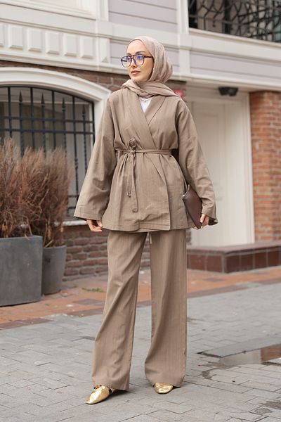 LOCCO Women's Double Breasted Collar Linen Suit Khaki Green