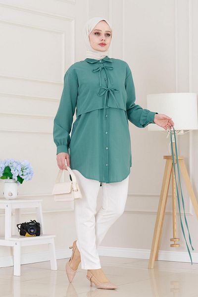 Sevitli Cepken Detailed Tie-Up Linen Tunic-Green