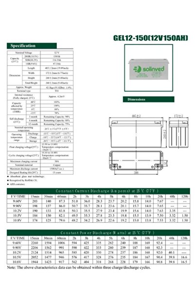 SOLİNVED Solinved 12V 150Ah Jel Akü