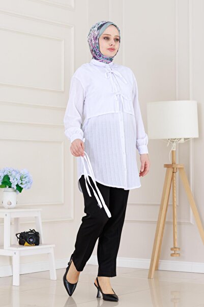 Sevitli Cepken Detailed Tie-Up Linen Tunic-White