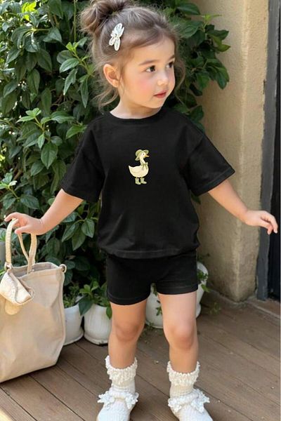 NO 601 Girl's Black Duck Printed Tshirt Shorts Bottom-Top Set for 5-6 / 11-12 Years