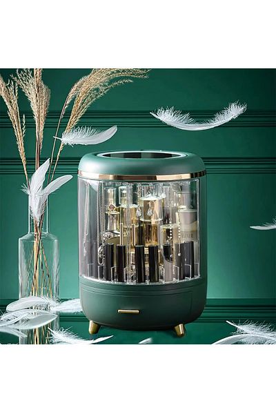 Un Luxury Makeup Organizer with Clear Doors and Rotating LED Mirror - Stylish and Functional Storage!