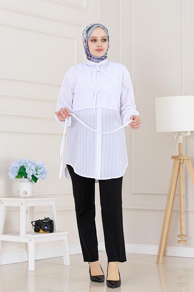 Sevitli Cepken Detailed Tie-Up Linen Tunic-White