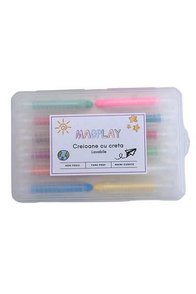 MagPlay Washable Chalk Pencils 12 Pack – Non-Toxic, Retractable Holder – Easy Drawing for Kids