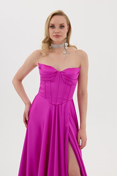 Carmen Fuşya Kedi Kulağı Yırtmaçlı Saten Abiye Elbise