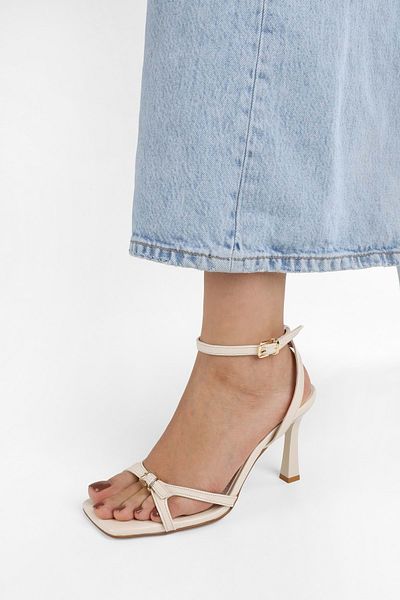 Shoeberry Women's Jolie Ecru Skin Belt Detailed Heeled Shoes