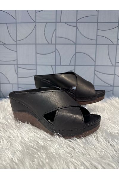 Anıl Ayakkabı Brn 1035 Women's Black Genuine Leather Cross Band Detail Comford Wedge Heel Daily Orthopedic Slippers