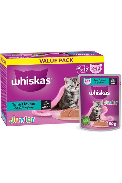 Whiskas Junior Tuna in Jelly, Wet Kitten Food Pack of 12x80g, for Kittens from 2 to 12 months, for a