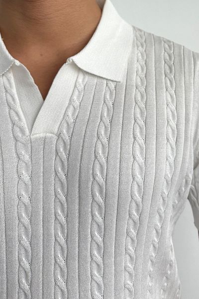 Tarz Cool Men's Ribbed Polo Neck Knitwear T-Shirt White