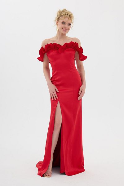 Carmen Red Collar Ruffled Slit Satin Evening Dress