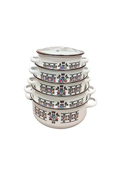 Oti Set Of 5 Enameled Pots With Heat-resistant Glass Lid