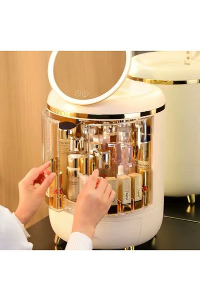 Un Luxury Makeup Organizer with Clear Doors and Rotating LED Mirror - Stylish and Functional Storage!