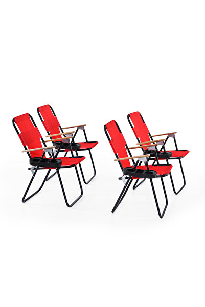 Remaks 4 adet Katlanır Ağaç Kollu Bardaklıklı 4 lü Piknik Kamp Plaj Bahçe Bal...