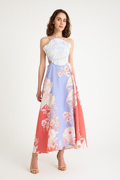 NİLİST Linen Floral Bustier Detailed Tie Back Long Orange Lilac Dress