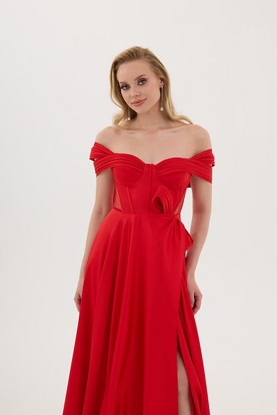 Carmen Red Low Collar Slit Satin Evening Dress