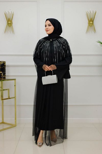 Enans Design Rochie de seară hijab pentru damă cu detalii de piatră