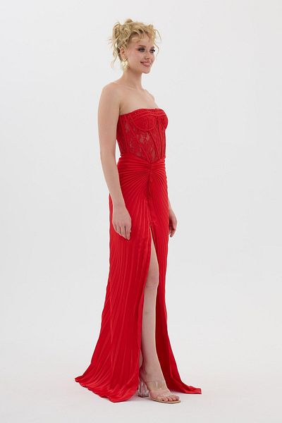 Carmen Red Lace Strapless Satin Evening Dress