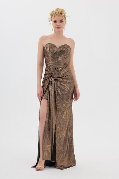 Carmen Copper Strapless Slit Lacquer Evening Dress