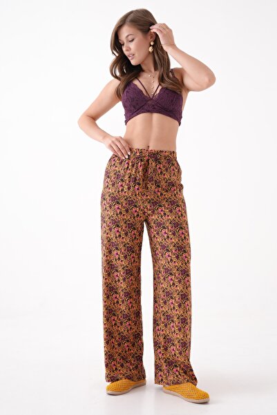 Saade Sarı Beli Lastikli Bağlamalı Bol Paça Dokuma Pantolon