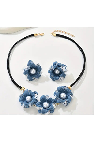 SE Jewellery Collection Selin Ersoy Kumaş Çiçek Detaylı İncili Kolye Küpe Seti