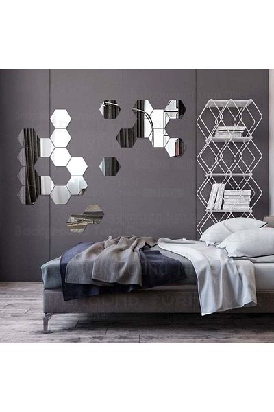 BOEM Set de oglinzi decorative acrilice cu design hexagonal, argintii, mărime XXL - MyStyle® Luxury Home, 6 piese