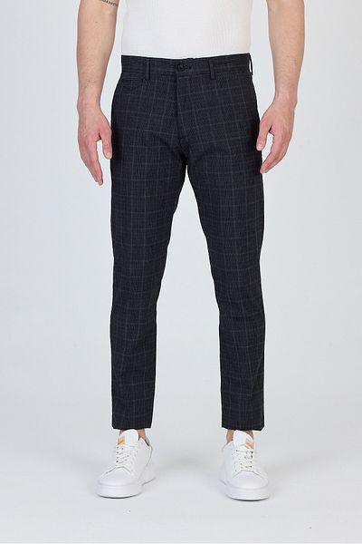 Frappoli Ecmio Men's Black Plaid Linen Look Slim Spring-Summer Slim Fit Pantalon