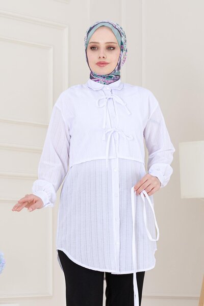 Sevitli Cepken Detailed Tie-Up Linen Tunic-White