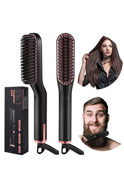 ATOMKIT Perie de par 3 in 1 pentru indreptat parul, perie ionica incalzita pentru barba barbatilor, Negru