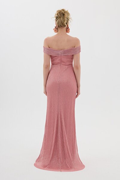 Carmen Pudra Yırtmaçlı Simli Pilise Abiye Elbise