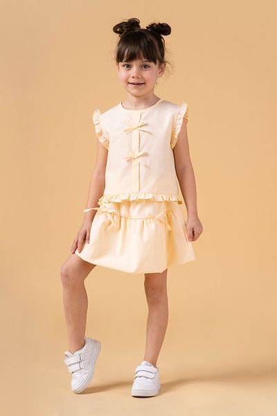 Minipodyum Girl's Balloon Skirt and Bow Detailed Summer Double Suit