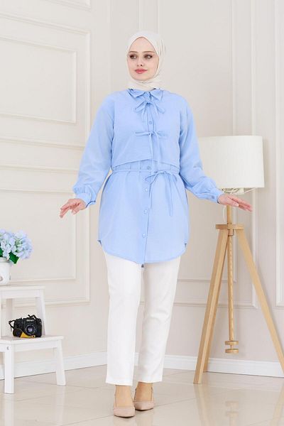 Sevitli Cepken Detailed Tie-Up Linen Tunic-Baby Blue