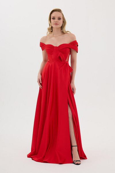 Carmen Red Low Collar Slit Satin Evening Dress