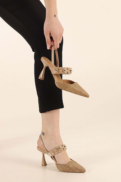 KOCAMANLAR Feles Staple Detailed Heeled Open Back Women's Stiletto Shoes Nut