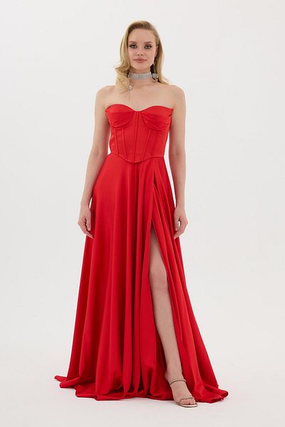 Carmen Red Cat Ear Slit Satin Evening Dress