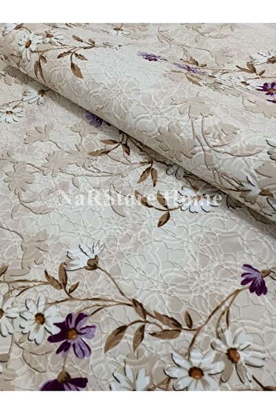 NaRStore Home ELİT SAÇAKLI LİLA KAHVE ÇİÇEKLİ KABARTMALI KAYMAZ TABAN YIKANABİLİR KESME YOLLUK HALI