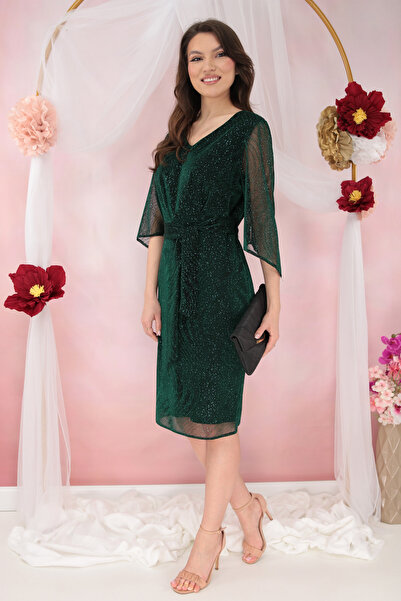 Piomar Elegant green tulle dress with shiny thread and glitter