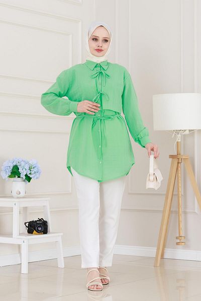 Sevitli Cepken Detailed Tie-Up Linen Tunic-Water Green