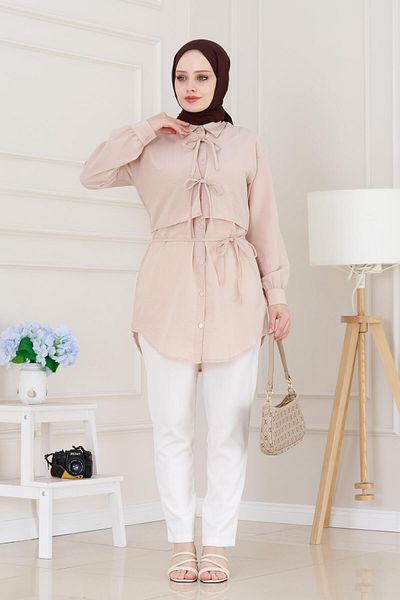 Sevitli Cepken Detailed Tie-Up Linen Tunic-Beige