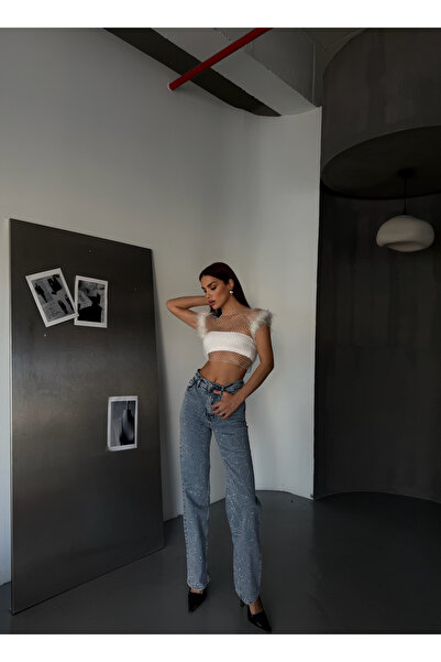 Diviny Women's Stone Patterned Blue Snow Wash High Waist Palazzo Jean