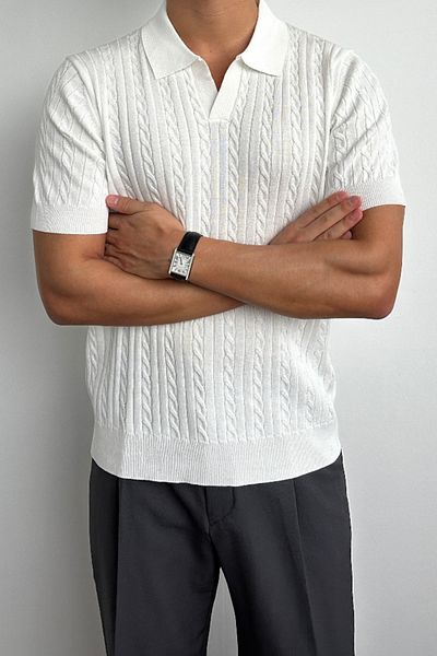 Tarz Cool Men's Ribbed Polo Neck Knitwear T-Shirt White