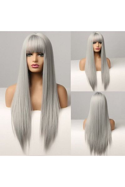 animis beauty Long wig GREY / SILVER, synthetic fiber with natural look, long straight hair, with bangs, 65 cm