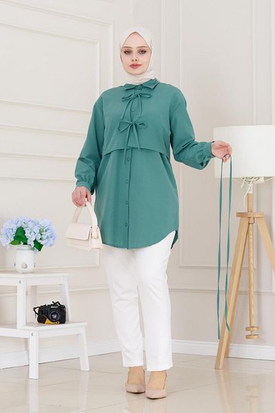 Sevitli Cepken Detailed Tie-Up Linen Tunic-Green