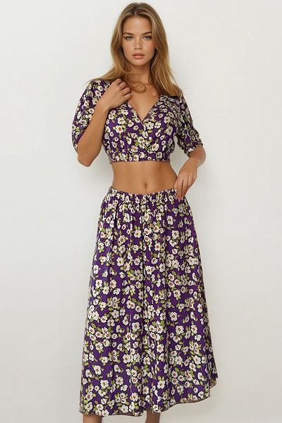 VAGGON Floral Patterned Crop Blouse and Skirt Set